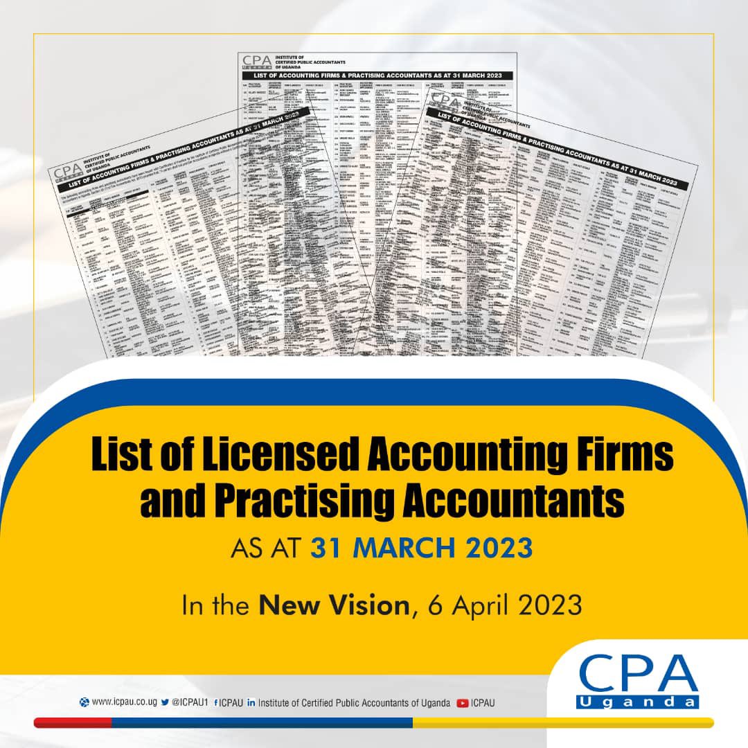 ICPAU (@icpau1) on Twitter photo The list of licensed accounting firms and practising accountants is out in the <a href="/newvisionwire/">The New Vision</a> today!
Grab your copy today! The list of licensed accounting firms and practising accountants is out in the <a href="/newvisionwire/">The New Vision</a> today!
Grab your copy today!