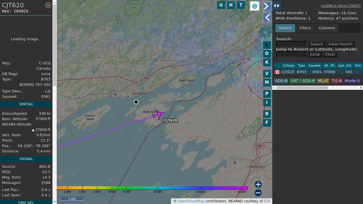 #CJT620 C-GCIJ 767 306ERBDSF Cargojet Airways @ 36975 ft and 48.1° frm hrzn, heading E @ 978.0km/h 01:51:32 globe.adsbexchange.com/?icao=C04ACA #AfterHours #WayTheHeckUpThere #FlyingFast #OverKingston #dump1090 #ADSB