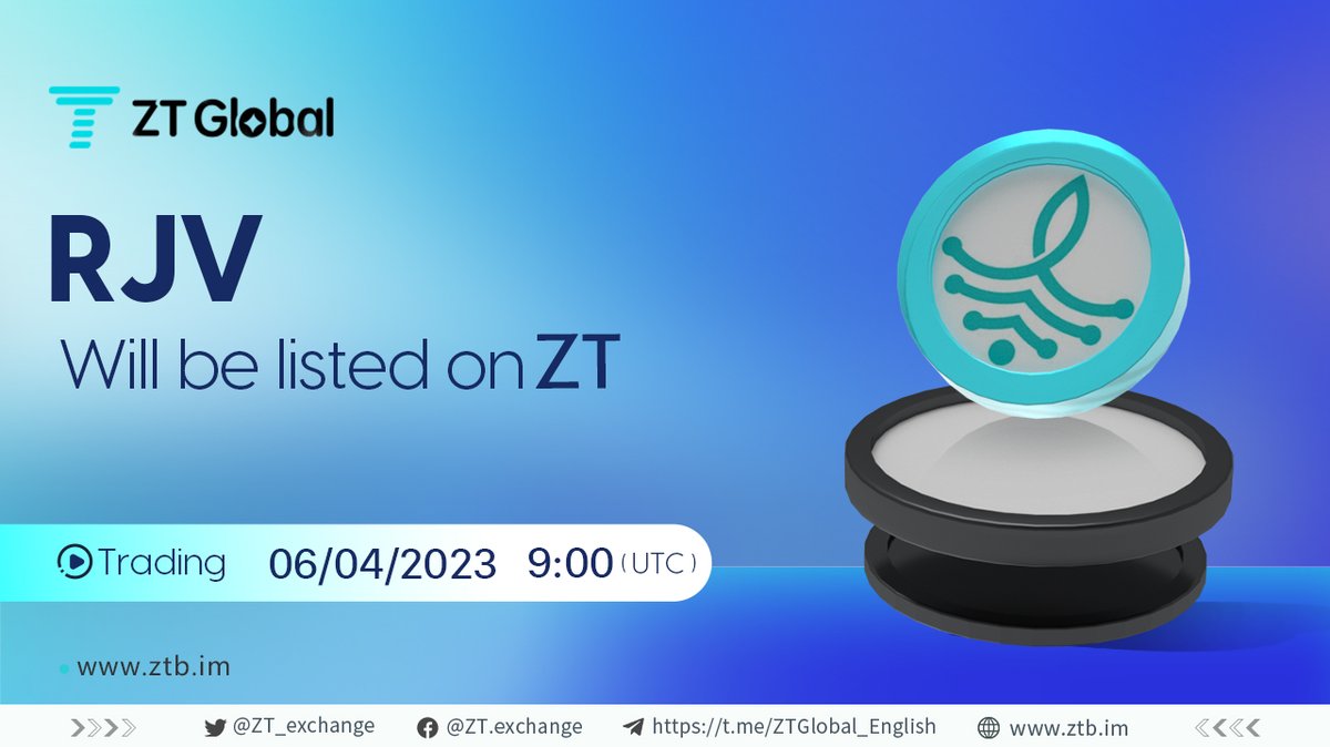 🔥New Listing on #ZT! 🗓️

🏷️#RJV (@Rejuve_AI) will be listed on the #ZTexchange

💙Trading pair: $RJV/USDT
💙Trading: 9:00 Apr.6 2023 (UTC)

🔗support.clfxpx.com/hc/en-001/arti…

🗨️TG:t.me/ZTGlobal_Engli…