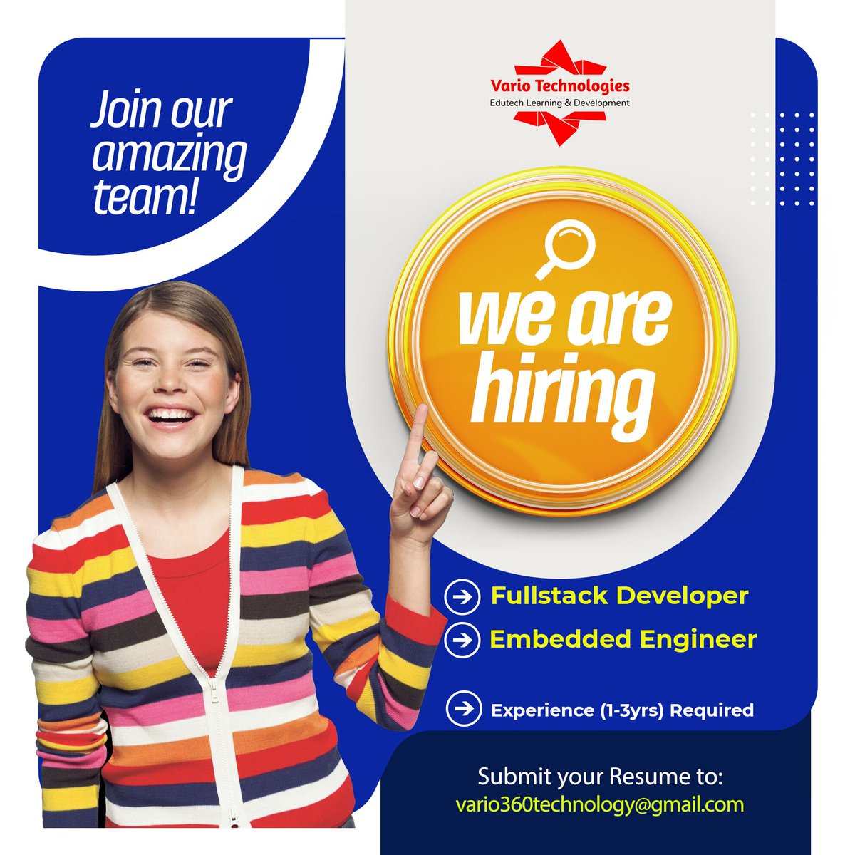 We are Hiring !!!
 Vario Technologies is seeking a highly skilled Fullstack Developer &amp; Embedded Engineer to join our team. As a Fullstack Developer, you will be responsible for designing and developing scalable web applications that meet our customers' needs. CTC- 3.60 to  4.20L