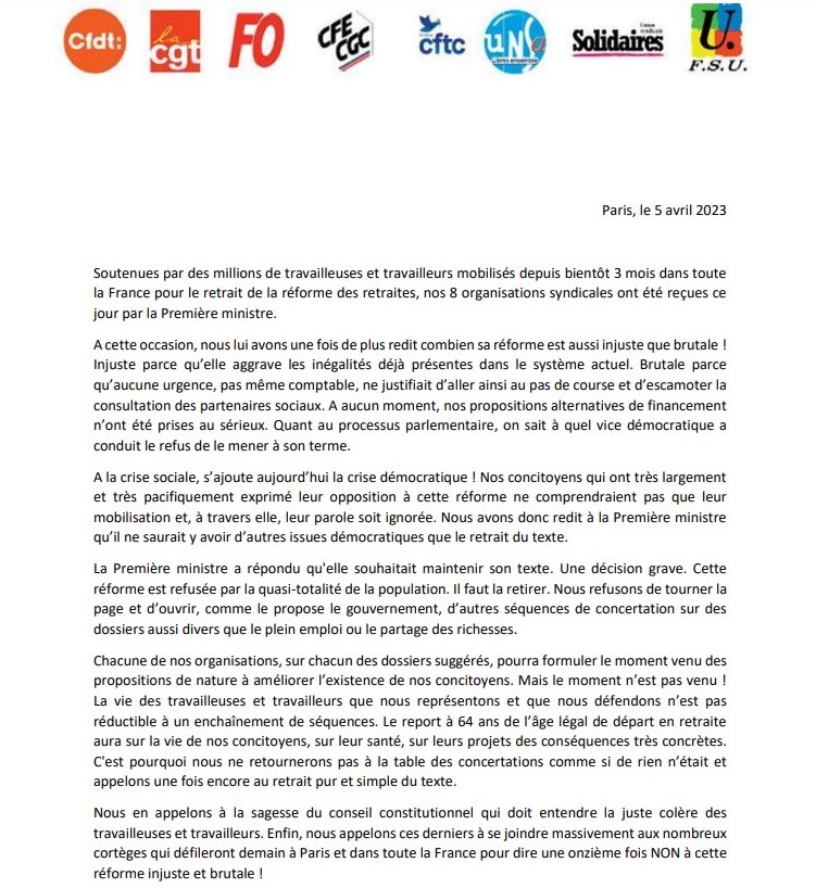 CFDT_UNITEP's tweet photo. || COMMUNIQUÉ DE PRESSE COMMUN || Nous ne retournerons pas à la table des concertations sur d'autres dossiers et appelons au retrait du texte. Nous en appelons à la sagesse du @Conseil_constit (...). RDV  AUJOURD'HUI #6avril : NON à cette réforme injuste et brutale ! https://t.co/tYEOYkr89S