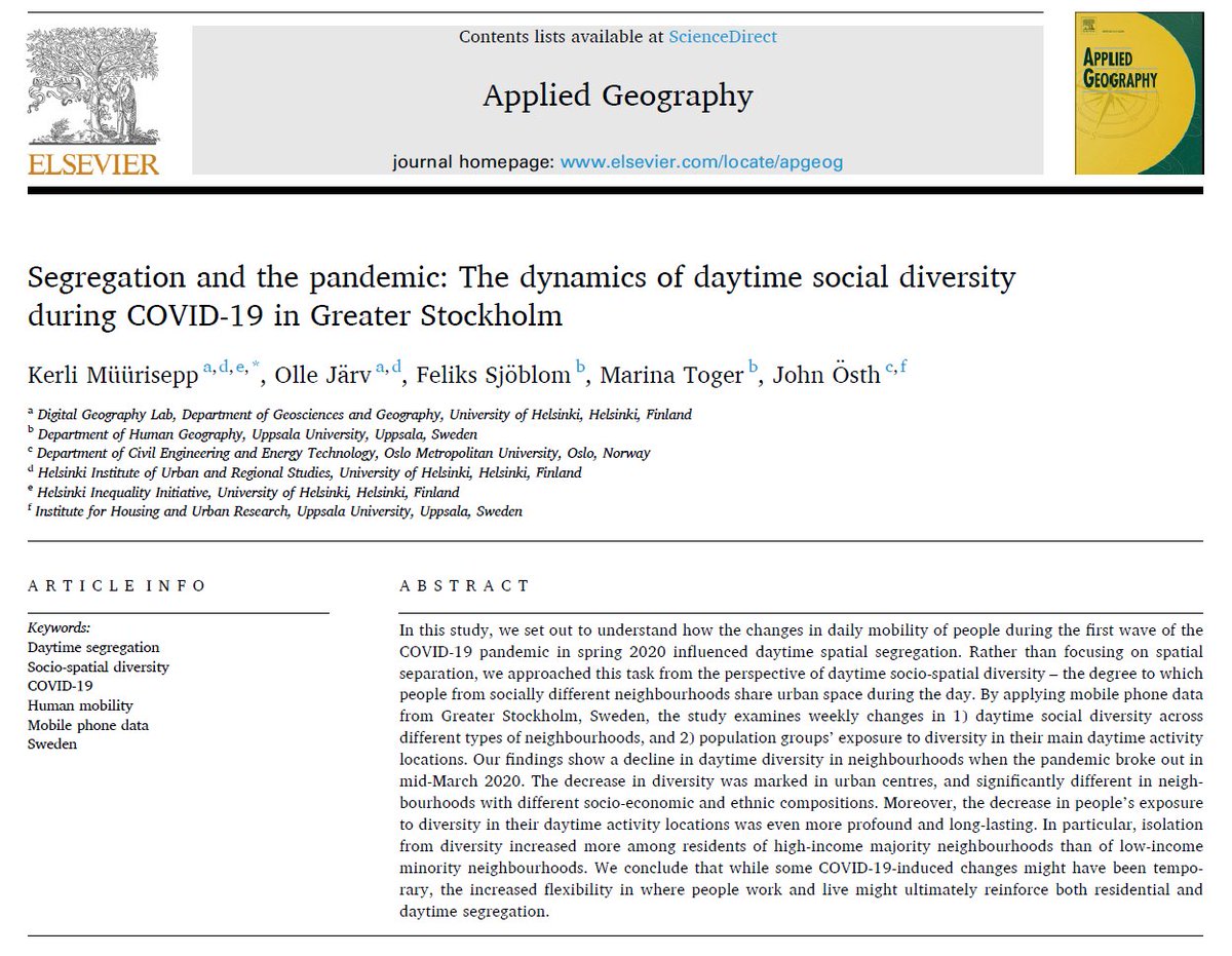 🤸‍♀️One big step closer to my PhD!🤸‍♀️

How did COVID19-induced changes in people’s mobility influence daytime social diversity in #Stockholm, Sweden?

Check out our new paper, co-authored by <a href="/OlleJarv/">Olle Järv 🇺🇦</a> <a href="/digigeolab/">DigitalGeographyLab</a>, and colleagues from Uppsala &amp; Oslo:

🔗doi.org/10.1016/j.apge…

🧵1/6