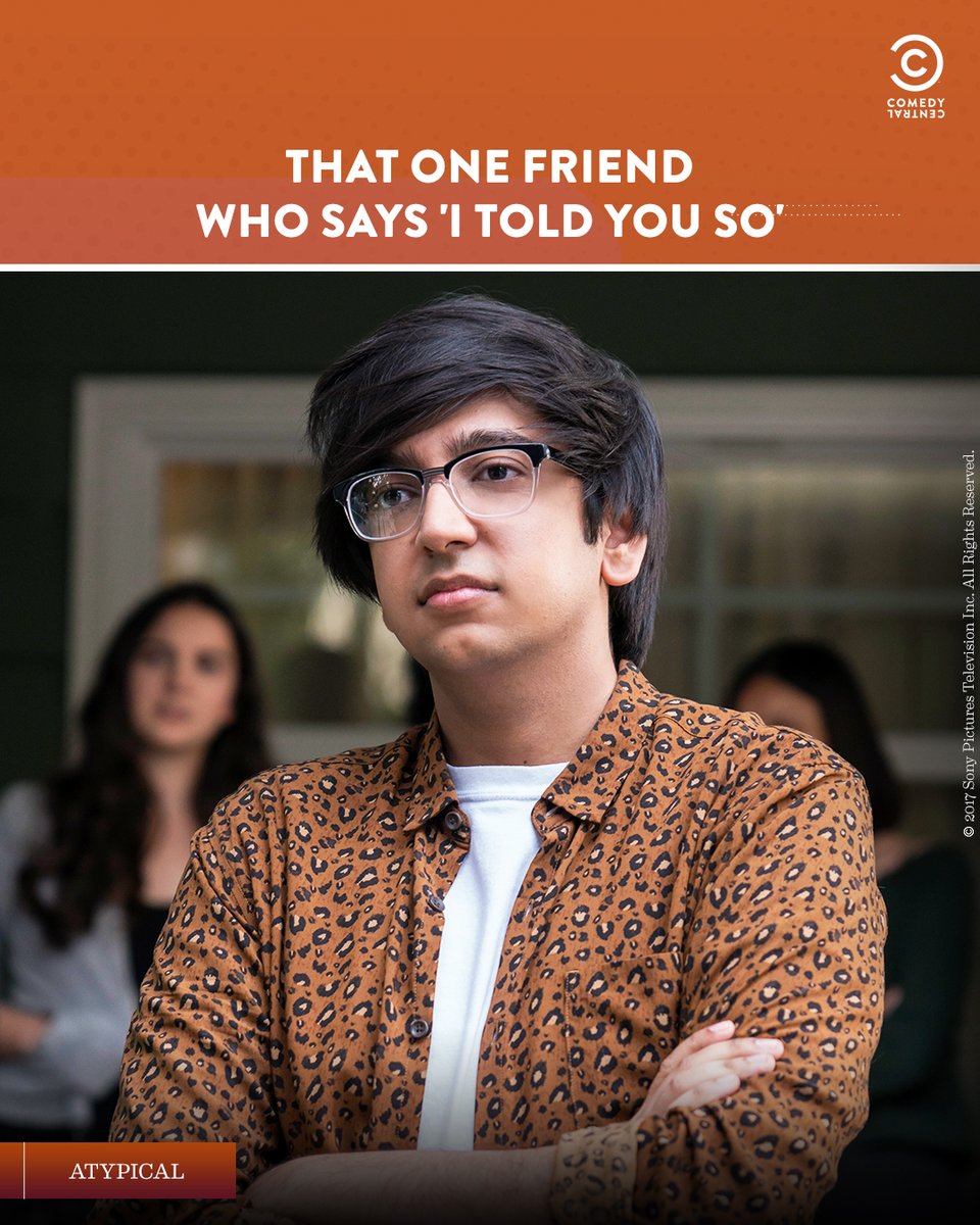 ComedyCentralIn's tweet photo. My friend always tries to save me from myself ๐
Watch #Atypical, Mon-Fri at 10pm only on #ComedyCentral.
#Atypical #ComedyCentral #Comedy #ComedyDrama #TeenDrama #ComingOfAge #Autism #AutismSpectrum #Teen #NewShow #TVShow #FriendMeme #NewSeries #ComedySeries #Friend #ToldYouSo https://t.co/L9Tec1jZxk