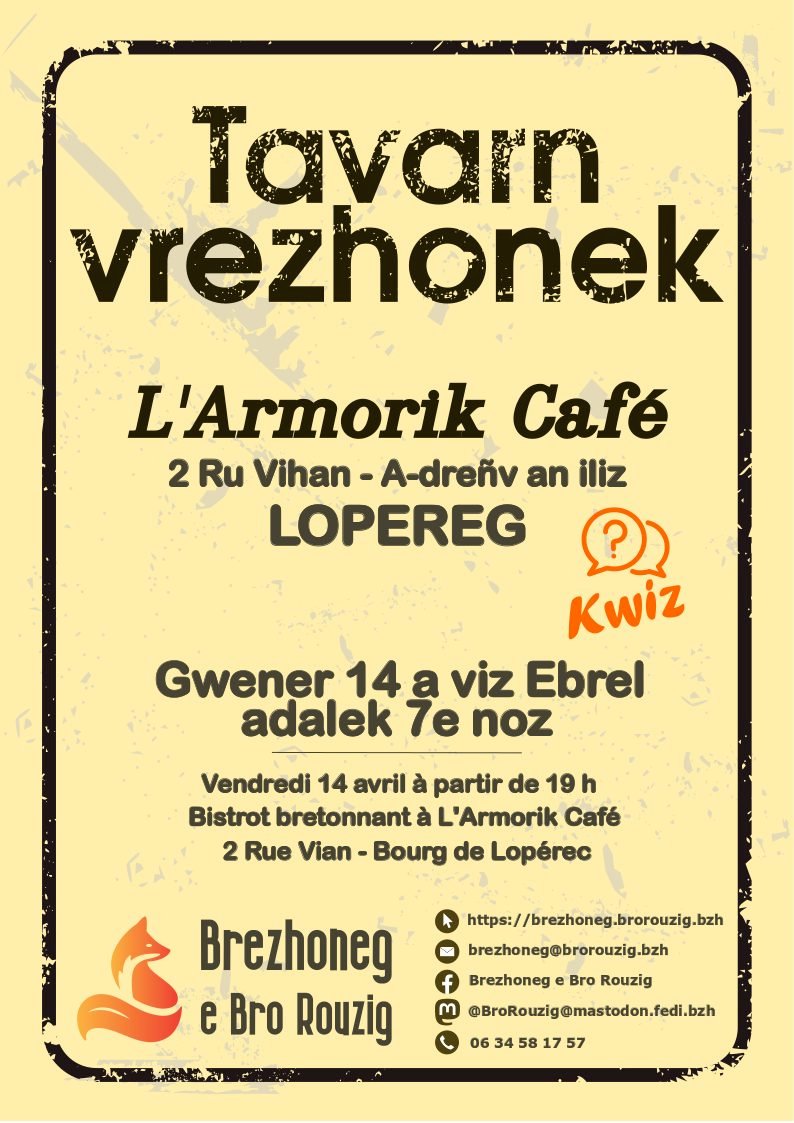 BzhgBroRouzig's tweet photo. 🗣️ Bistrot bretonnant 🧃🍻

Les vacances de Pâques arrivent !
Venez vous détendre en pays Rouzig autour d'un verre et d'un qwizz !

Le vendredi 14 avril à partir de 19 h à l'Armorik Café - #Lopérec 

#langueBretonne #broRouzig #kwiz https://t.co/4ff2RP0yZG