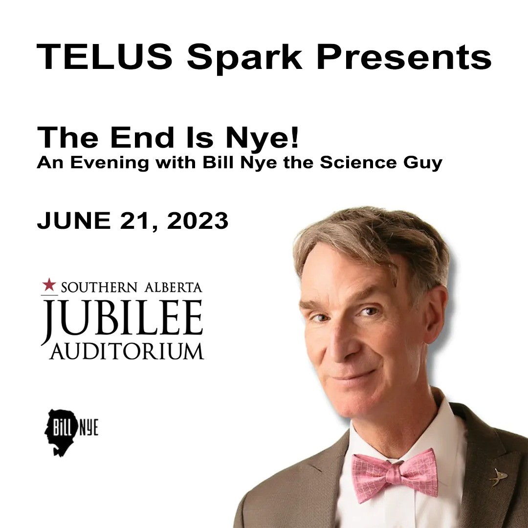 #BillNye will be in Calgary at the Jubilee Auditorium on June 21, 2023, at 8pm.

Tickets and info via jubileeauditorium.com/calgary/end-ny…

Presented by #TELUSSpark

#YYC #Calgary