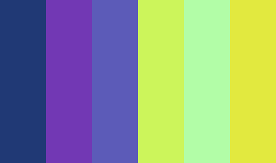 palette_gen's tweet photo. Forget Me Not 
 #203975 #7238b4 #5c5bb8 #ccf55b #b2fda7  #e2e93f https://t.co/iHUiCBeXRT