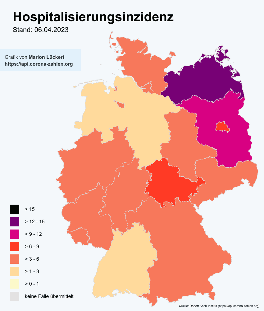 🇩🇪 Auslastung der Intensivstationen am 06.04.2023 🇩🇪

🛌 Belegt: 19.423 / 22.839 (0% | 3.416 frei)

🦠 Davon Corona: 899 (0% | -64)
   🔸 Davon Beatmet: 309 (34,37%)
   🔹 Betten frei pro Standort: 2,85

🆓 Corona-Intensivbetten frei: 899 / 22.839