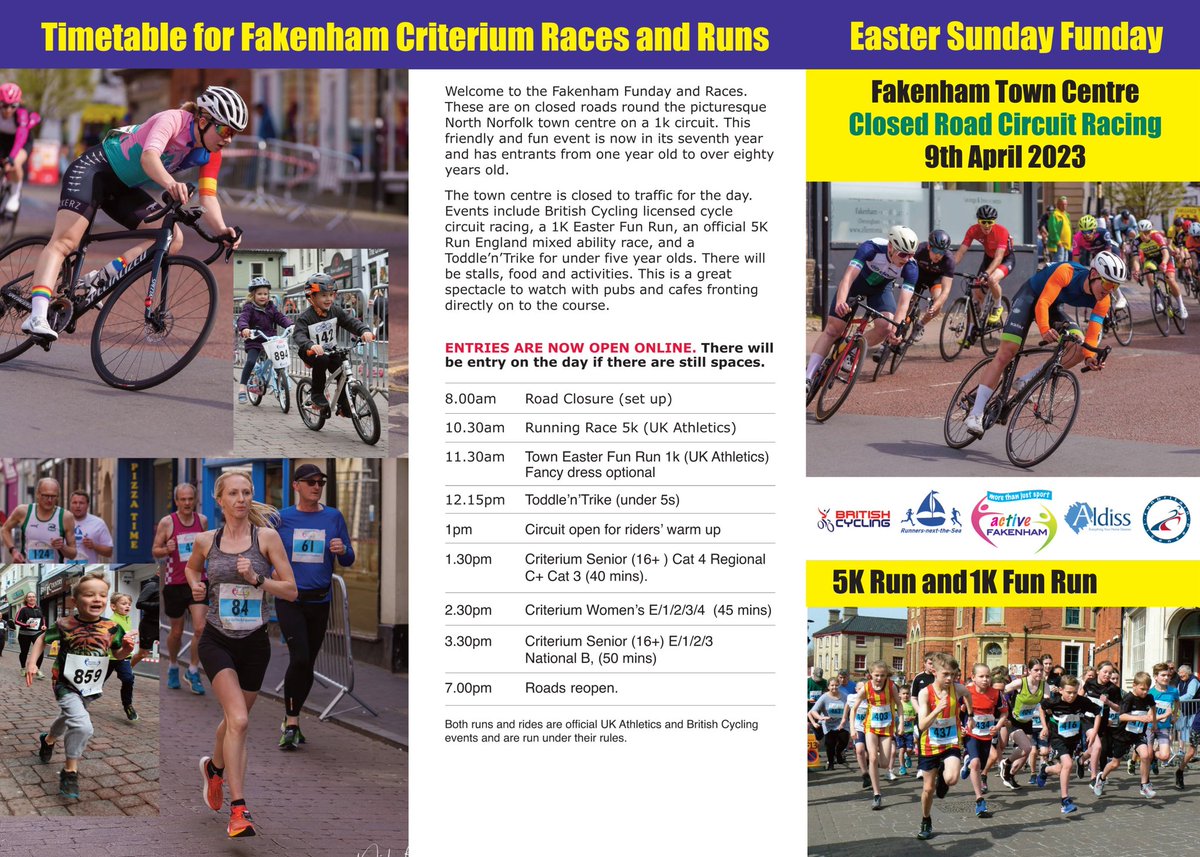 We have spaces for all Easter Sunday Funday races 🚴‍♂️🏃🚴‍♂️🏃
5k run, 1k Fun Run, and all Criterium categories.

You can enter online until Friday activefakenham.org.uk/2023-easter-su…

Or sign up on the day, which is cash only
#fakenham #northnorfolk #funday