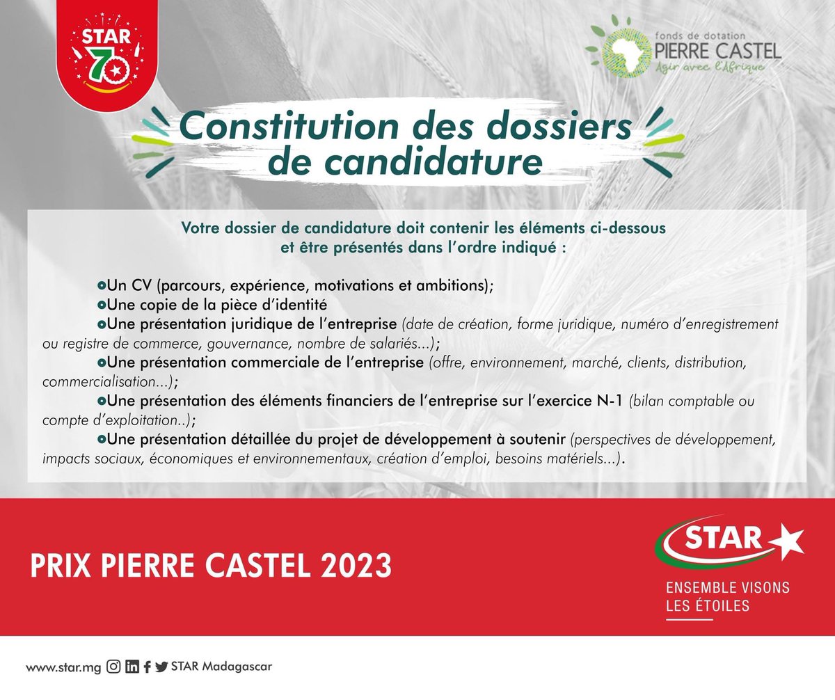 star_mdg's tweet photo. Prix Pierre Castel 2023
Rappel des conditions de participation au Prix Pierre Castel et éléments à fournir pour la constitution de votre dossier de candidature.
Vous pouvez également consulter le site : https://t.co/pfAxIpumdf 
#STAR #Ensemblebrillonsplusfort #PPC2023  #star70ans https://t.co/QsxosefNdz