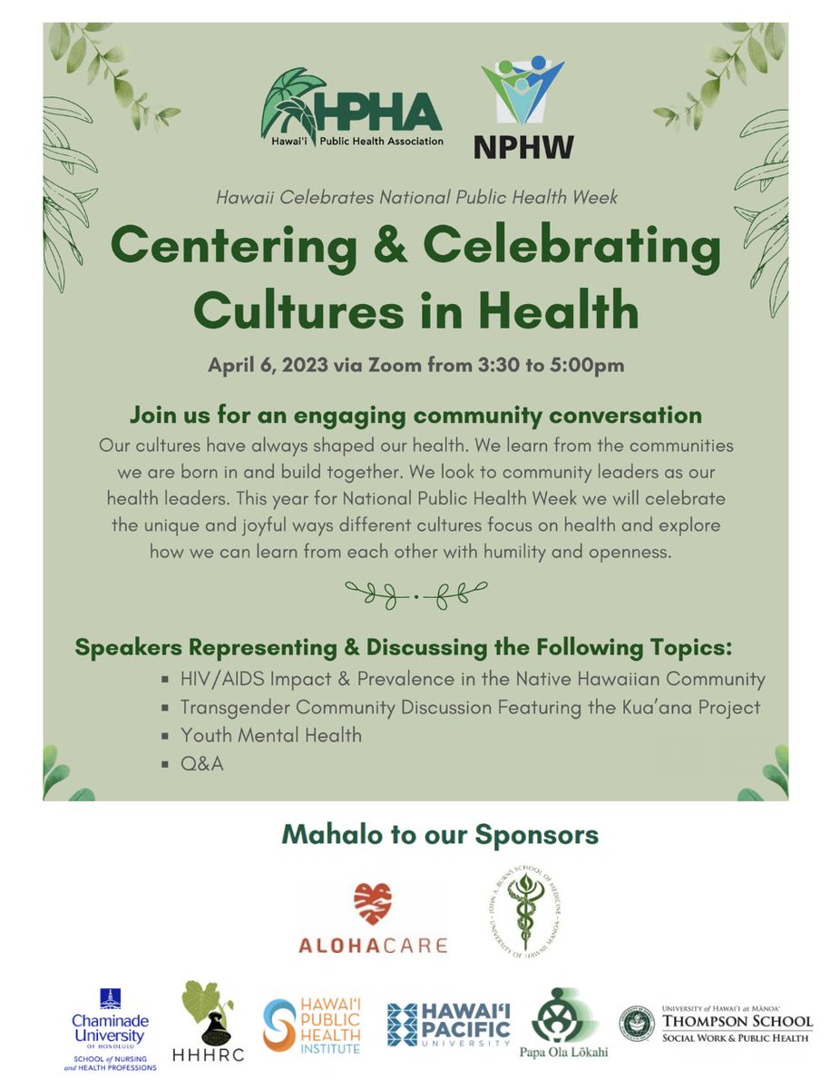 OceansAndHealth's tweet photo. Interested in learning about all the different ways that cultures in Hawaiʻi shape health? @HIpublichealth @NPHW are hosting an engaging community conversation tomorrow, April 6, 3:30-5pm. Sign up here ➡️ https://t.co/NJhCyIPJP6 #PublicHealth #PublicHealthWeek https://t.co/lqW02cQPVK
