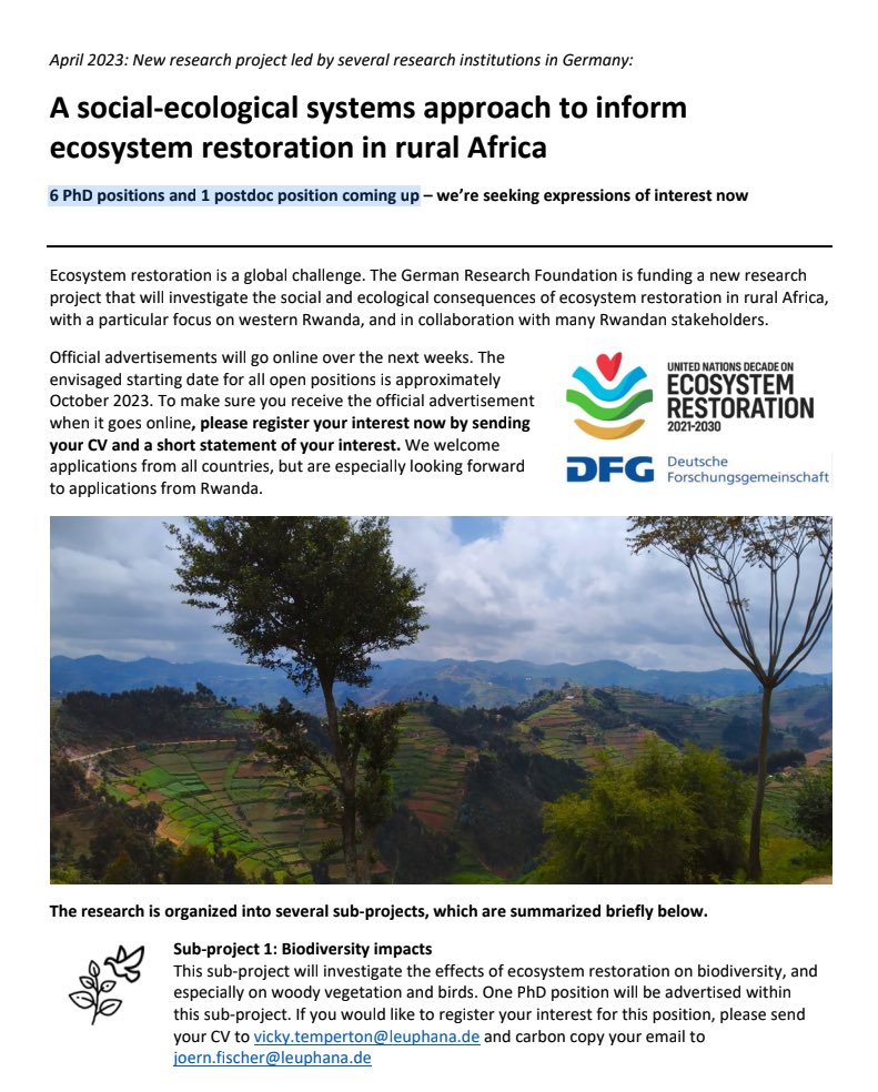 6 PhD &amp; 1 postdoc position are coming up in our research project "A social-ecological systems approach to inform #ecosystem restoration in rural #Africa".

drive.google.com/file/d/1YCeoVs…