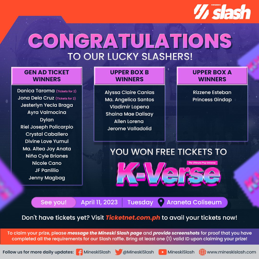 MineskiSlash's tweet photo. /SLASHWINNERS
Congratulations to our Lucky Slashers!
You won Free Tickets to K-Verse : The Ultimate Pop Universe Concert at the Araneta Coliseum on April 11, 2023!
Get ready to see Taeyeon(Girl's Generation), Aespa & The Boyz Live at The Big Dome!
#MineskiSlash #SlashWinners https://t.co/6T2FBSXugr