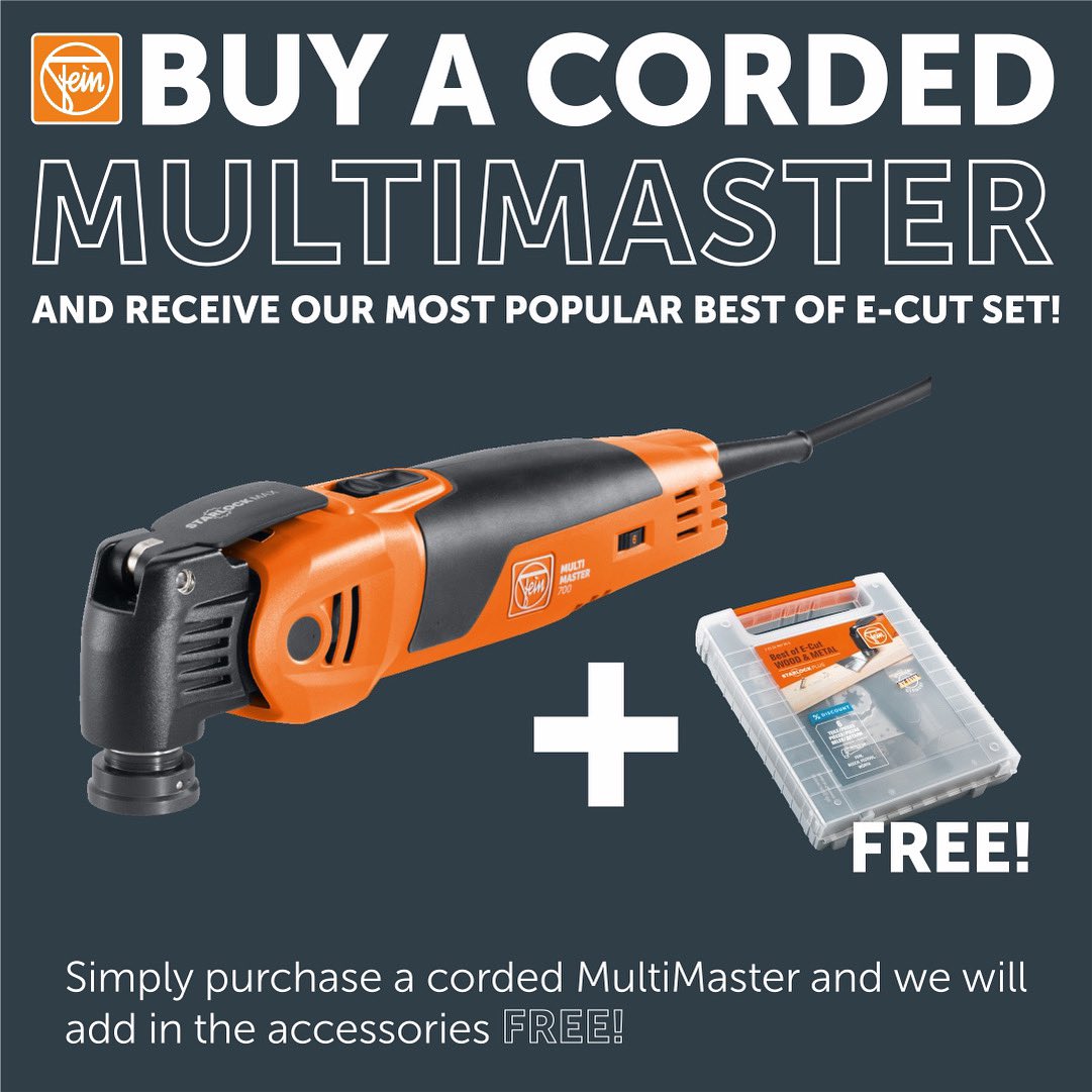 FEIN_UK's tweet image. Upgrade your multitool with a FEIN corded Mulitmaster and receive free accessories WORTH £40.43 from our participating retailers.

Please visit our promotions page to find out more: fein.com/en_uk/promotio…

#fein #multimaster #multitools