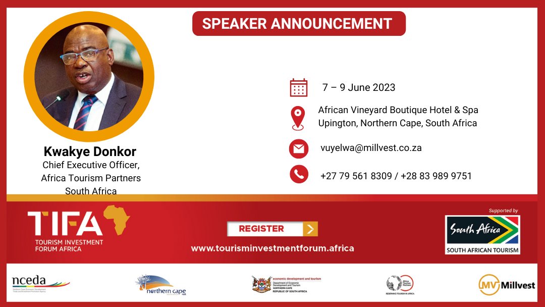tifa_forum's tweet photo. #speakeralert 
The CEO of Africa Tourism Partners, Kwakye Donkor, will speak at the Tourism Investment Forum Africa 2023. 

Register at https://t.co/5EaWeWVDLo 
#TIFA2023 #Tourisminvestmentforum #notherncapetourism #Southafricantourism #Tourisminvestment https://t.co/mMKXbjBhbe