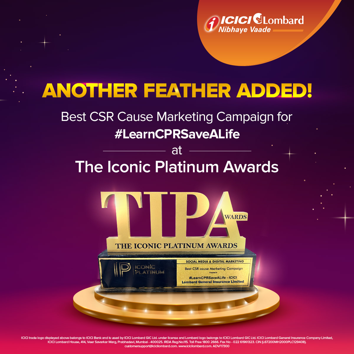 ICICILombard's tweet photo. We are grateful to have received the Best CSR Cause Marketing Campaign award at The Iconic Platinum Awards for #LearnCPRSaveALife. Each award pushes us to keep up the good work and fulfil our promises to our stakeholders.
#ICICILombard #NibhayeVaade #AwardWinning #Excellence https://t.co/Is4lgpk9C4