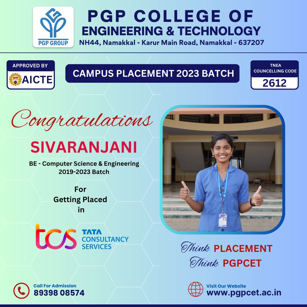 pgpengineering's tweet image. Congratulations to Sivaranjani, a bright and talented student of PGPCET, for securing a well-deserved placement in TCS. We are proud to see you take the first step towards a successful career. 

 #TCSPlacement #ProudMoment #HardWorkPaysOff #CareerGoals #bestcollegeinnamakkal