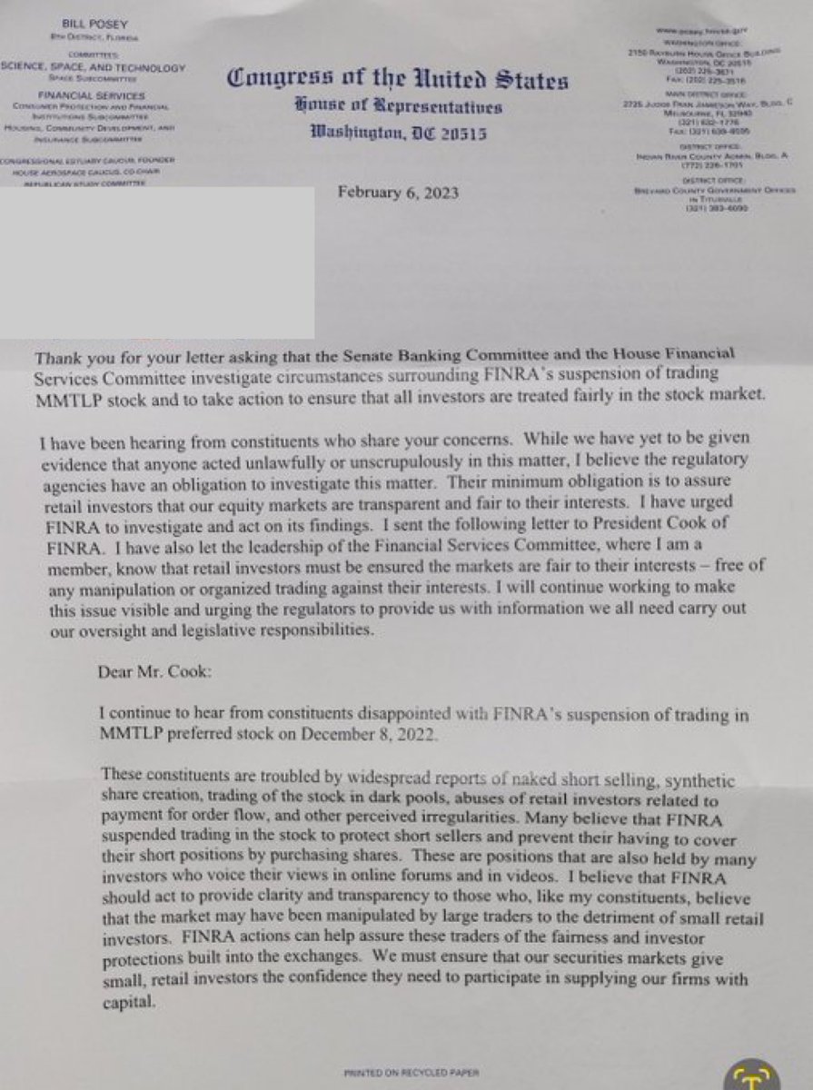 xMarketNews's tweet photo. Another Congressional Investigation Response to an Investor 🚨

Bill Posey is urging the regulators to provide “information we all need carry out our oversight and legislative responsibilities” @cbkek321 https://t.co/ytKFJc6Zqw