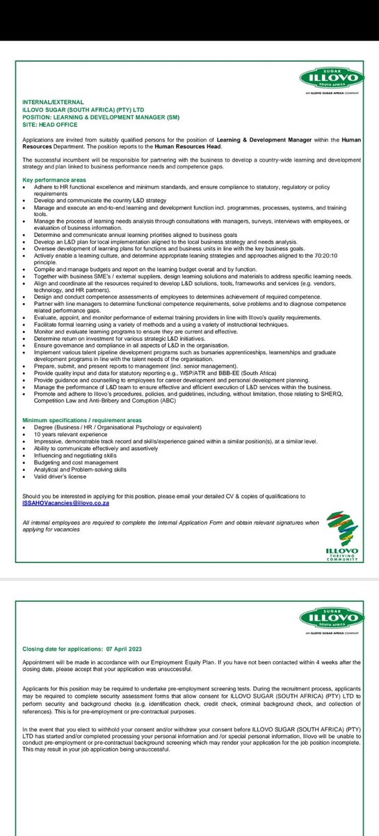fastplumsza's tweet photo. We are looking for a Learning &amp; Development Manager at Illovo Sugar SA to join the Human Resources Team.  Interested candidates can apply for this position by emailing their detailed CV &amp; copies of qualifications to ISSAHOVacancies@illovo.co.za https://t.co/KYi7Jzfq5c
