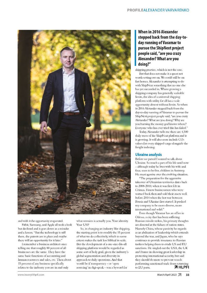SalesShipnext's tweet photo. A risk-taker who likes to ruffle industry feathers.

Thank you #HeavyLift magazine for such an interesting interview.

Read, learn about new trends in the #shipping business, and leave your comments.

#expert #speaker #alexandervarvarenko @HeavyLift_News @HeavyLiftPFI https://t.co/JzYLOSUUMV