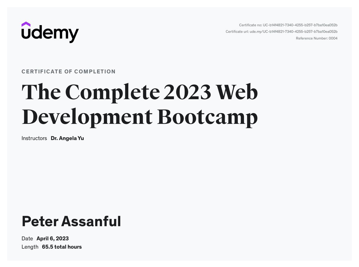 PeterBuilderHQ's tweet image. Was tough but done! 1.5yrs because I wasn’t consistent and busy with other things. @yu_angela thanks for your course. 😇
Onto the next phase… building, building, building. But I love to teach as well😂
#CodeNewbie #ProgrammingCourses @udemy