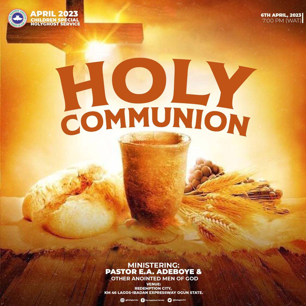 Join us as we partake of the Holy Communion tonight at 7pm WAT.

God bless you! 

#DivineTouch
#TeamNehemiah