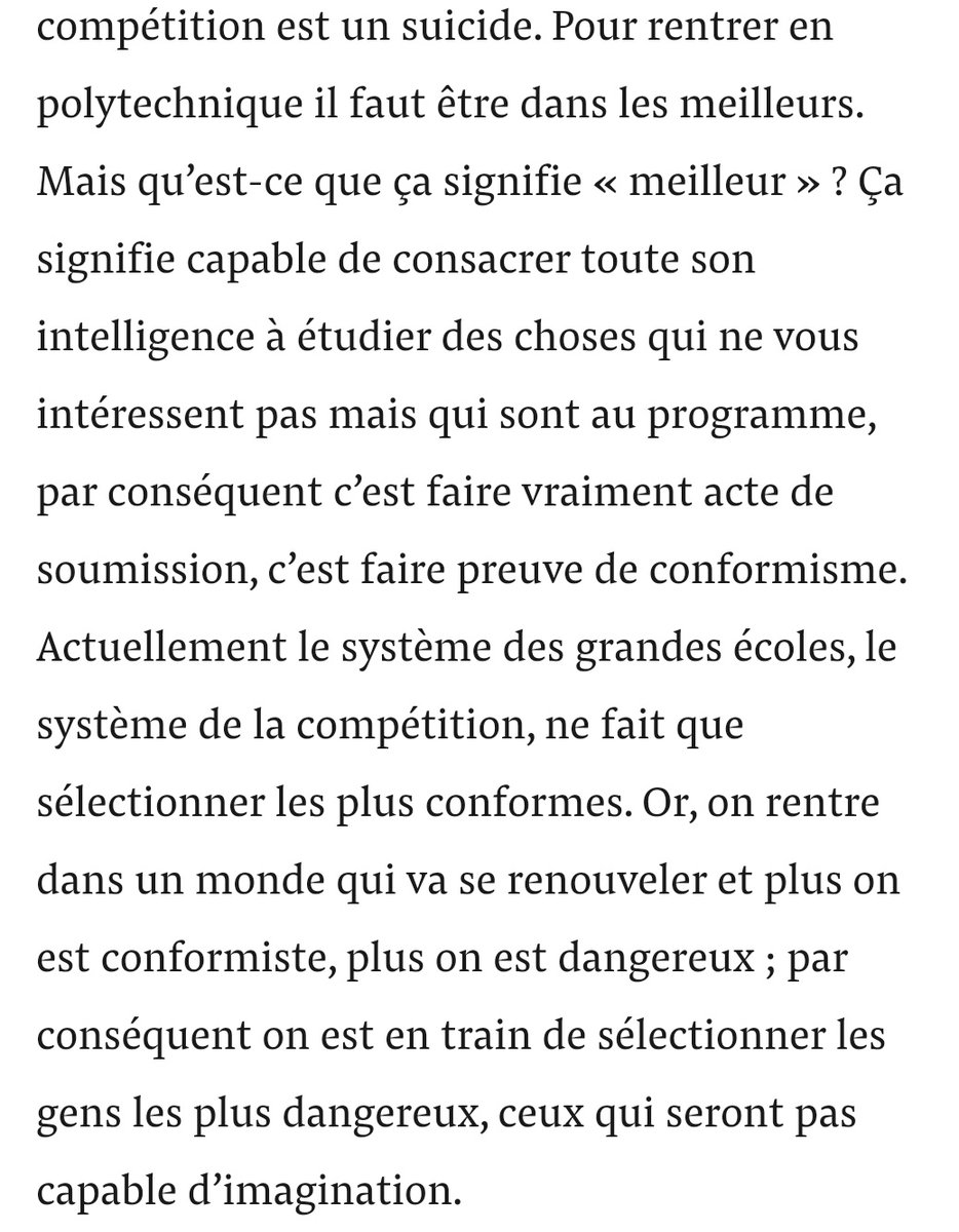 Je découvre les travaux d' Albert Jacquard et cette réflexion tellemdnt d'actualité qu'il a : être techniquement le meilleur du système, c'est aujourd'hui être dangereux.