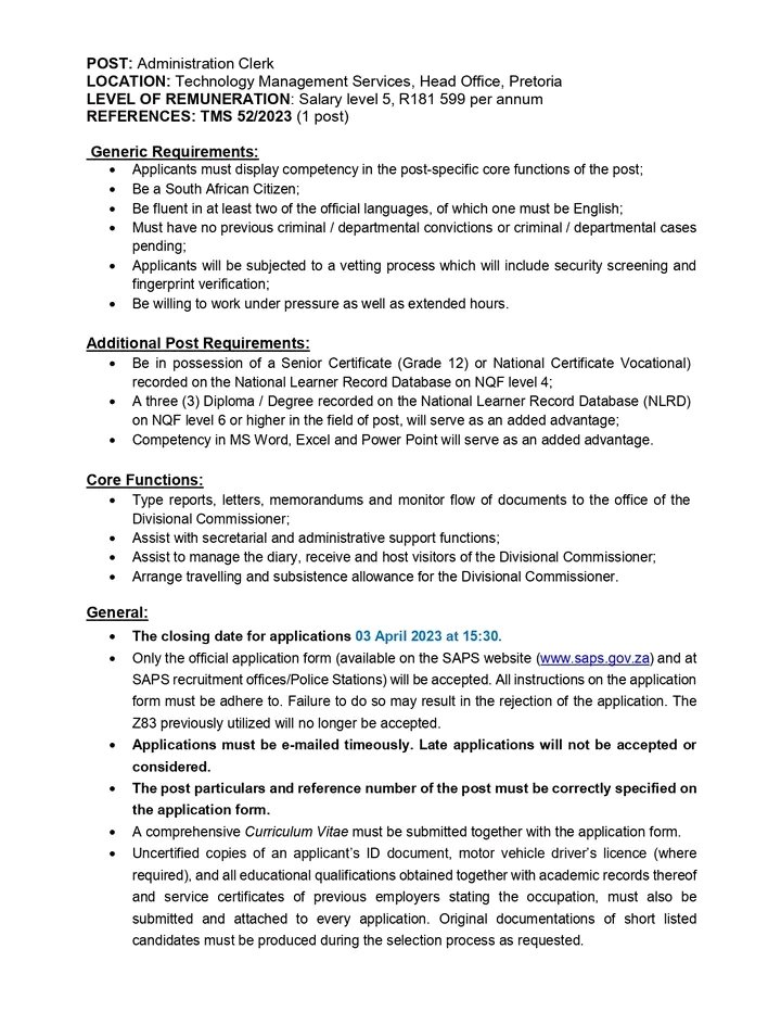 fastplumsza's tweet photo. Messenger Driver / Messenger x 2 posts  Administration Clerk  South African Police Service  Location Pretoria   
Closing Date 03 April 2023  
Refer to pictures https://t.co/wZHbidECdQ