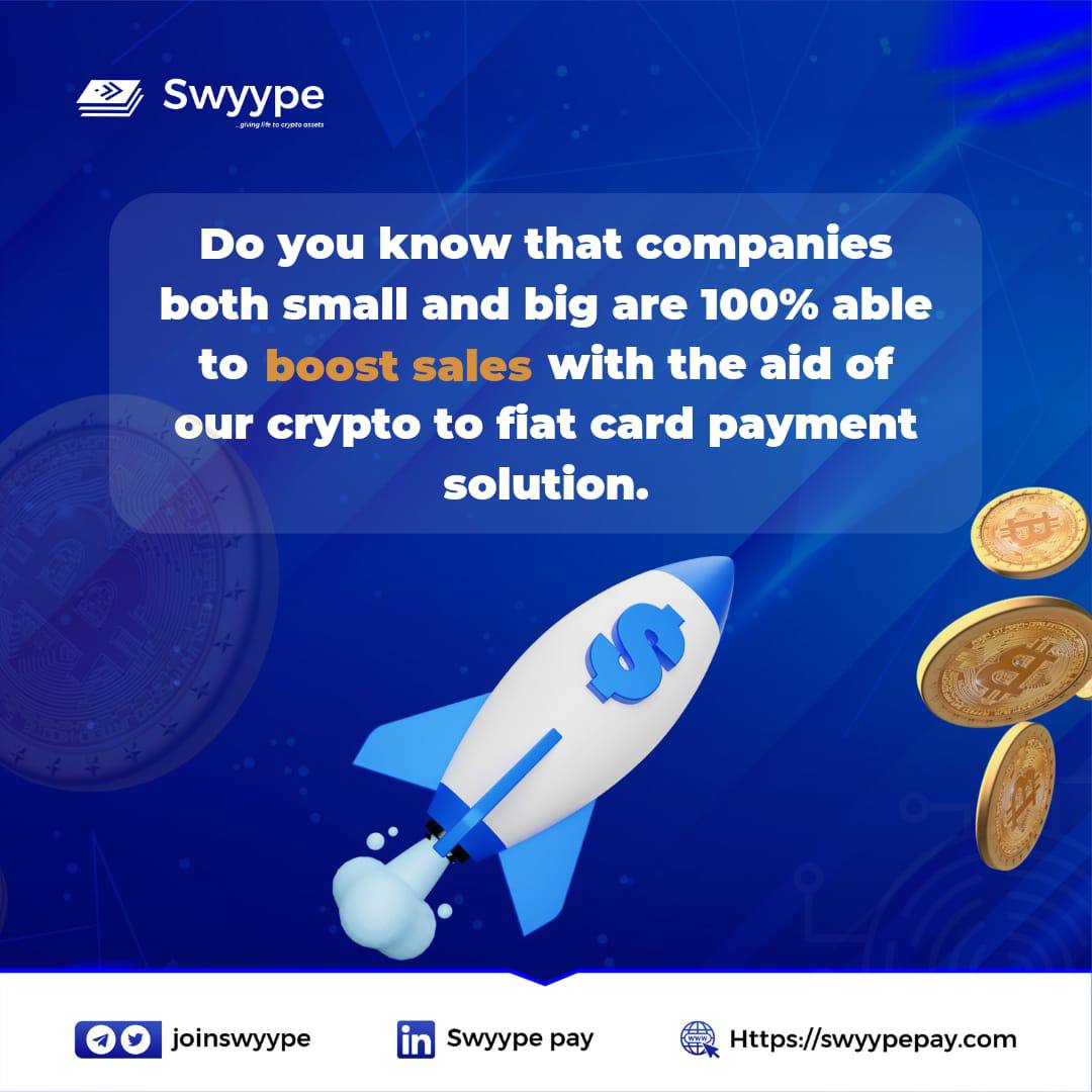 TheOthertobi's tweet image. Why the vision of @joinswyype will help #SMEs? 

According to a recent study, businesses that accept #crypto payments see a 23% increase in sales.
Consider accepting payments with physical or virtual cards that convert cryptocurrency to fiat directly.
#swyypepay #fintech