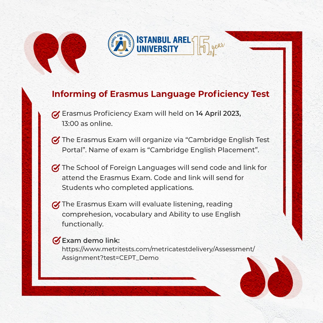 📌 Erasmus İngilizce Sınavı ile İlgili Bilgilendirme

📌 Informing of Erasmus Language Proficiency Test