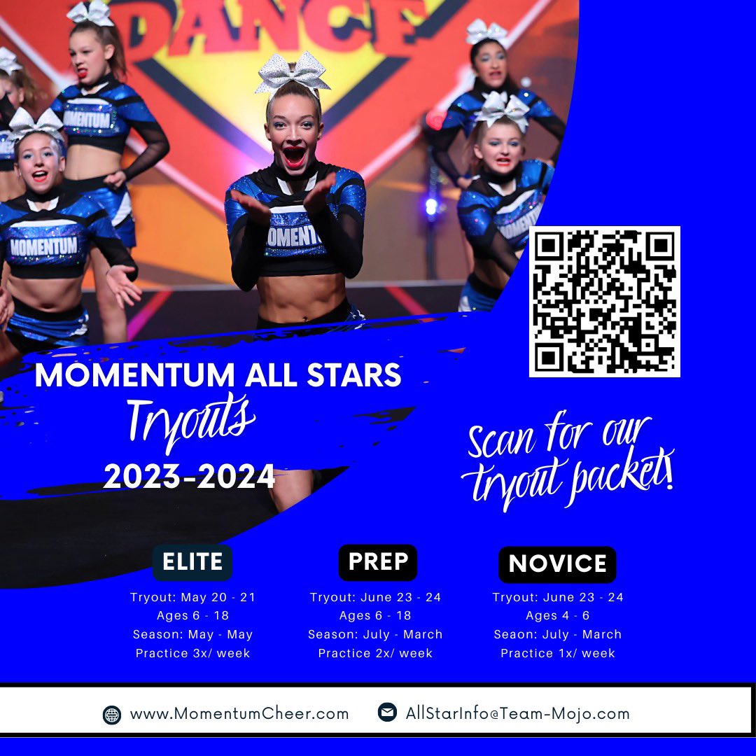 momentumallstar's tweet photo. 📣 2023-2024 Season Tryout information and registration is live for Elite, Prep, and Novice teams! 📣 Scan the QR code or click the link in bio!#cheer #cheerleading #cheerleaders #cheerleader #newseason #elitecheer #prepcheer #novicecheer #allstarcheer #teammojo #momentumallstars https://t.co/1JALg4kiUc