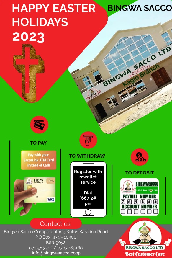 Happy Easter Holidays Esteemed Members
We'll remain closed from Friday 7th April 2023 to Monday 10th April 2023. We'll resume our services on Tuesday 11th April 2023 at 8.30 AM
In the meantime you can use our digital platforms to access your Acc. 
Go spread love
#HappyEaster2023