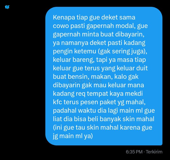 Askrlfess's tweet photo. [askrl] rasanya pengin uwu2an kaya yang lain, jalan atau nonton, tapi capek juga harus keluar duit, kebutuhan juga banyak 😭 https://t.co/TsGaMJxFDD