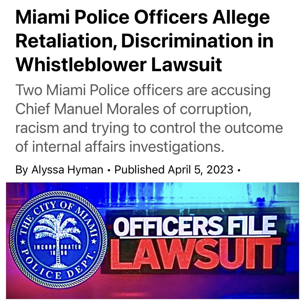 SheriffMiami's tweet photo. #WHISTLEBLOWERS #WHISTLEBLOWER #LAWSUITS #CITYOFMIAMI #MIAMIPOLICE #RETALIATION #ALLEGED #ALLEGEDLY https://t.co/ElG91QWqfc #accused #accusations #accusation #policeofficers #commandstaff #retaliate #wrongdoing #internalaffairs #publiccorruptionbureau #complaint #complaints #MPD https://t.co/echBhIUIjy
