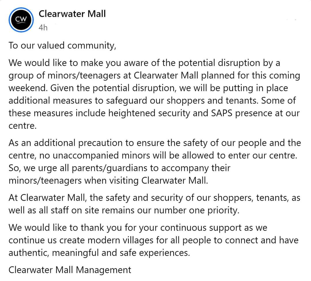 Your little spoiled brats are not allowed at Clearwater Mall unaccompanied #luhtwizzys #ClearwaterMall
