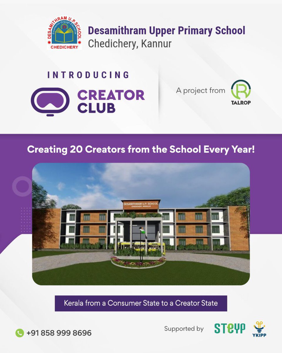 YkippOfficial's tweet photo. To transform Kerala from a consumer state to a creator state, Talrop is implementing Creator Club programme in selected 2,100 schools of Kerala.  

Desamithram Upper Primary School Chedichery, Kannur is pledging 20 creators from the school.

#talrop #ykipp #steyp #creatorclub https://t.co/d4AyKznR4t