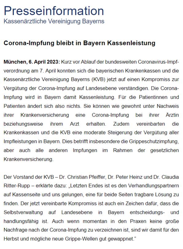 Die Impfverordnung läuft aus - müssen Patienten eine #Coronaimpfung künftig erstmal selbst zahlen (u dann Erstattung bei ihrer Krankenkasse beantragen)?
Eher nicht. In Schleswig-Holstein haben sich KK und Kassenärztl. Vereinigung bereits geeinigt. Bayern zieht nun nach. Zudem...