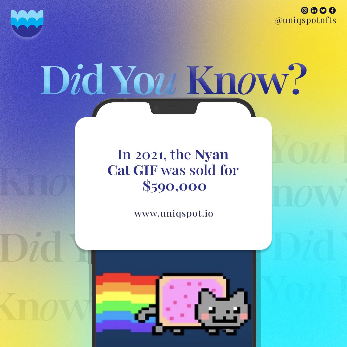 Uniqspotnfts's tweet photo. DID YOU KNOW : The Nyan Cat GIF Was Sold For $590,000 π
Follow @uniqspotnfts for more
#uniqspot #letsgetspot #NFTs #NFT #NFTCommunity #Crypto #cryptocurrency #gifs #SHIBA https://t.co/d4JVaviyHk