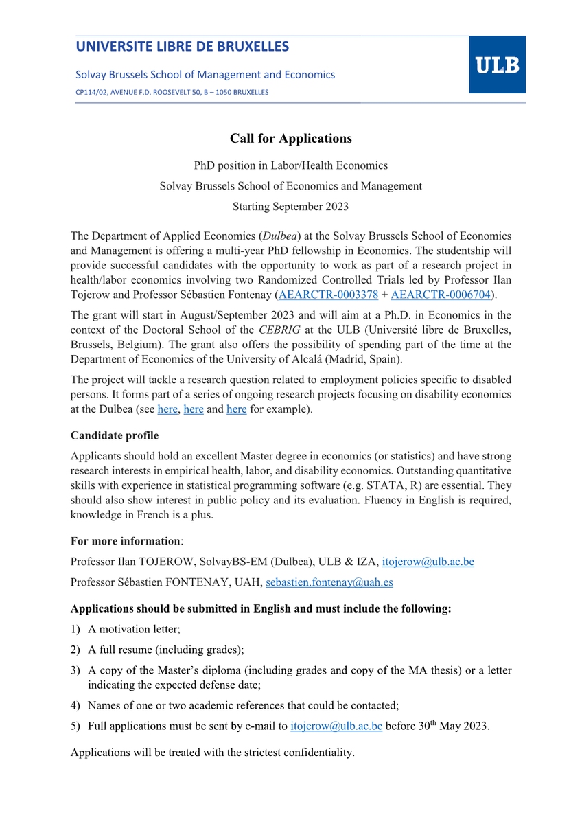 Dulbea_Ulb's tweet photo. 👨‍🎓👨‍🎓CALL FOR APPLICATIONS
#PhDScholarships in Labor/health #Economics @Dulbea_Ulb @ULBRecherche 
part of a research project involving two RCTrials led by @tojilan @FontenaySbasti1 
Applications deadline: 30 May 2023 
More info below &amp; at dulbea@ulb.be 
#EconTwitter https://t.co/okpHgPWpwI
