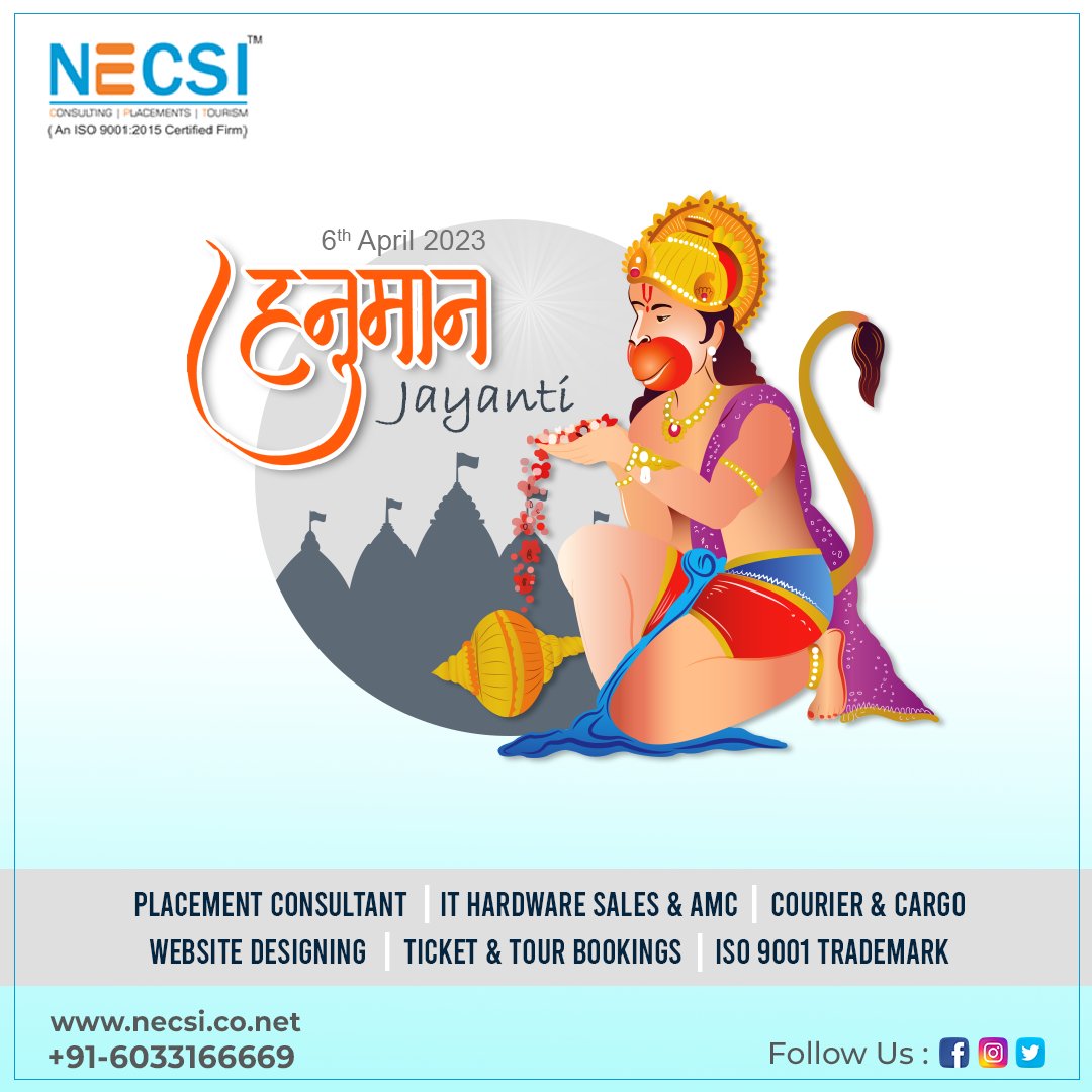 NecsiIndia's tweet photo. On this auspicious day of Hanuman Jayanti, let us remember the teachings of Lord Hanuman and strive to live a life of peace, love, and harmony.
Happy #HanumanJayanti!
#JaiHanuman #necsi #HanumanJayanti2023 #Bajrangbali #LordHanuman #JayHanumanJayanti #हनुमान_जयंती https://t.co/v27IRE5tI1