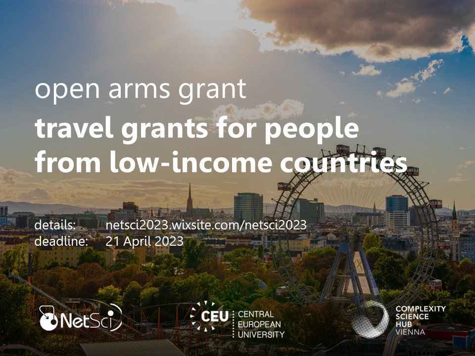 Budget should never be the reason why a researcher is left outside of a conference!

For <a href="/netsci2023/">NetSci 2023</a> we are offering a novel Open Arms Grant to cover the fee, travel and/or accommodation for people from low and middle-income countries.

Deadline: April 21
netsci2023.wixsite.com/netsci2023/cal…