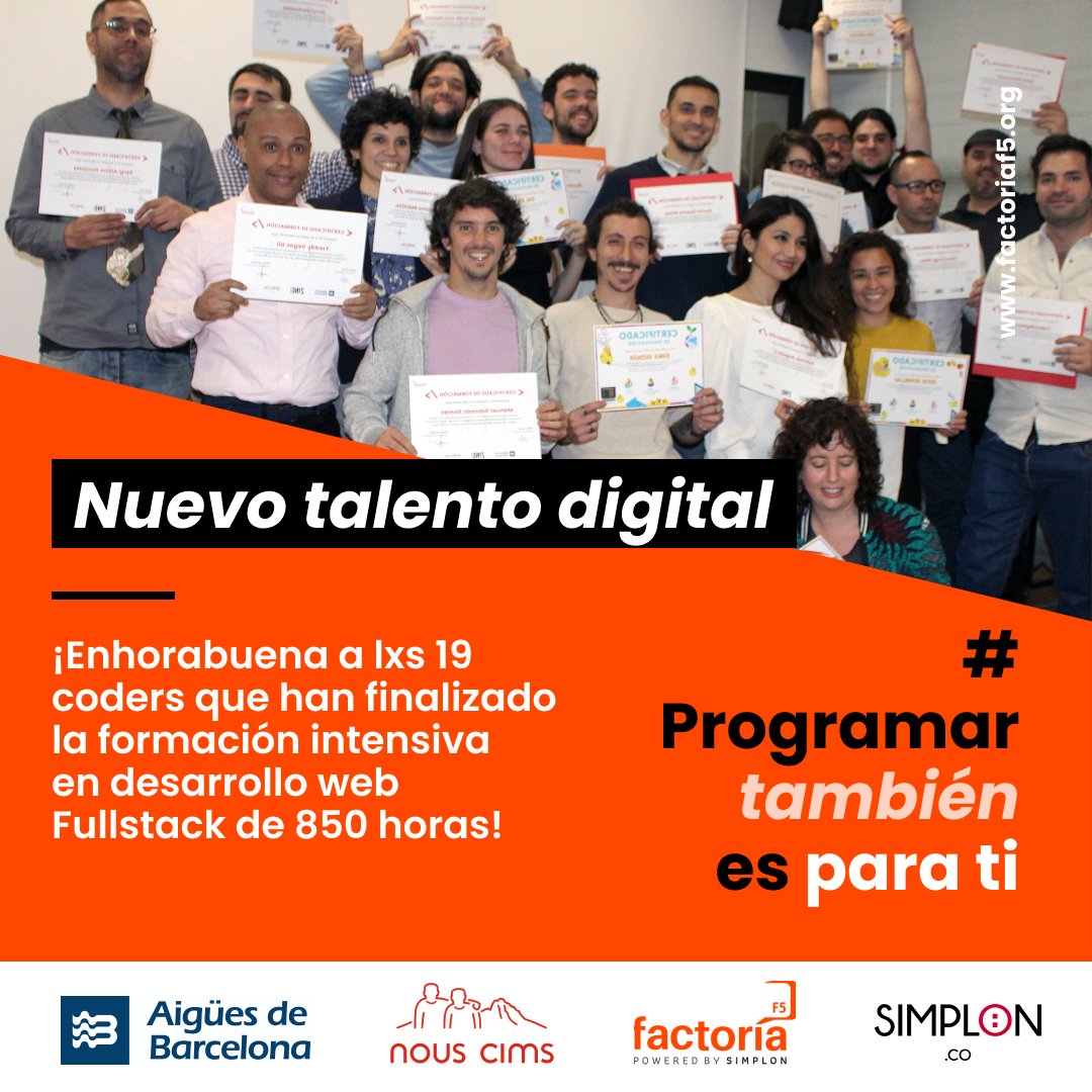 FactoriaF5's tweet photo. 🏆Ayer 40 coders celebraron su graduación tras finalizar la formación intensiva en Desarrollo web #FullStack en #Barcelona, ¡enhorabuena a tod@s!
Han sido 6 meses de mucho aprendizaje, capacidad y superación, motivación y unión entre tod@s y, por supuesto, ¡de crear y programar! https://t.co/k5Y5cg14tc