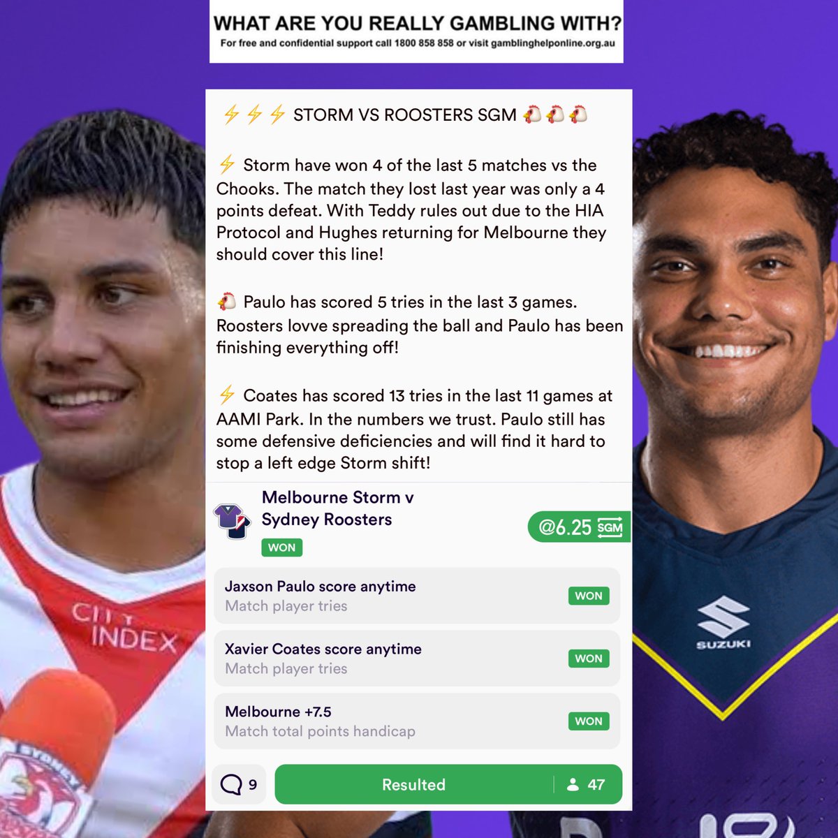 EASY AS IT GETS 💰

47 Happy Copiers ✅✅✅

Pockets full ahead of the long weekend 💪

NRL ROUND 6 TIPS: tinyurl.com/329yce2t 👈

BACK CAST, WIN FAST 💰

#Winner #NRLTips #NRLStormRoosters