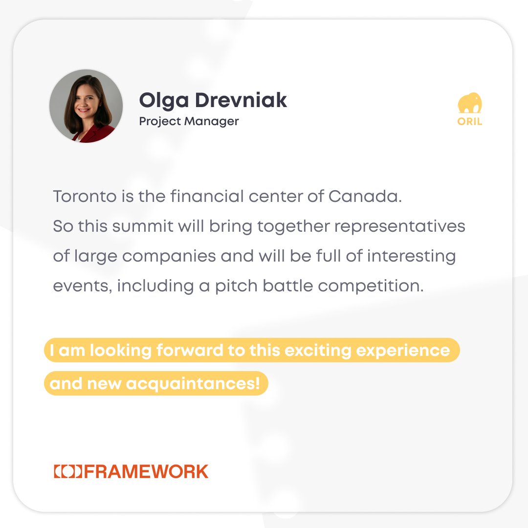 Exciting news! ORIL`s Project Manager Olga Drevniak will be attending the @CFSTO in Toronto on April 18-19, 2023. See you at the MaRS Discovery District!
#CanadianTechTogether #oril #fintech