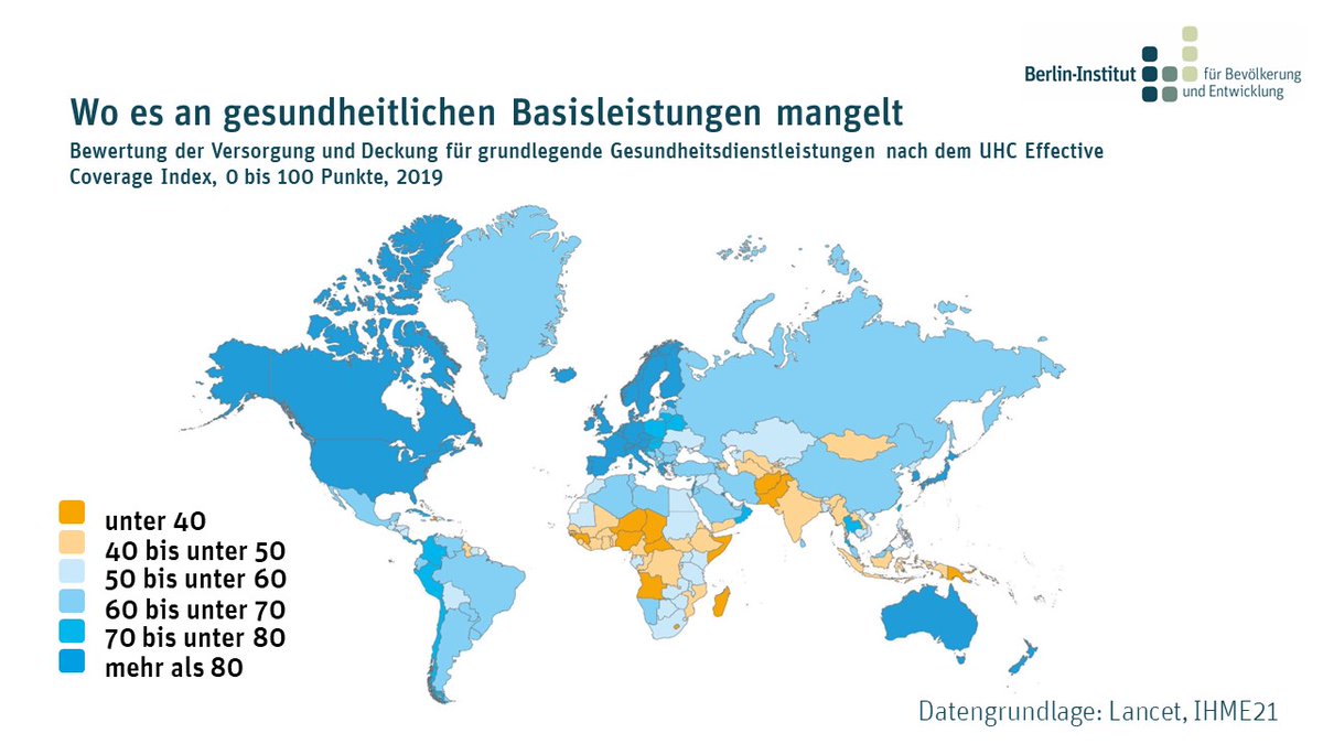 Heute am #Weltgesundheitstag betrachten wir den Zugang zur grundlegenden #Gesundheitsversorgung weltweit. Der UHC Effective Coverage Index zeigt auf einer Skala von 0 bis 100 an, wie gut grundlegende Gesundheitsdienstleistungen abgedeckt sind. #HealthForAll #WorldHealthDay23