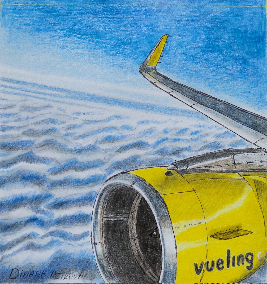AircraftBy's tweet photo. My drawing of wing view above the clouds with @vueling 💛
148x210mm
#Vueling #VuelingAirlines #AirbusA320 #a320 #clouds #inthesky #sky #BlueSky #sharklet #traveling #wing #jetengine #engineview #airplaneseat #airplaneview #windowview #flight #VuelingMoments #LoveForTtavel https://t.co/1v9ZqulZpZ