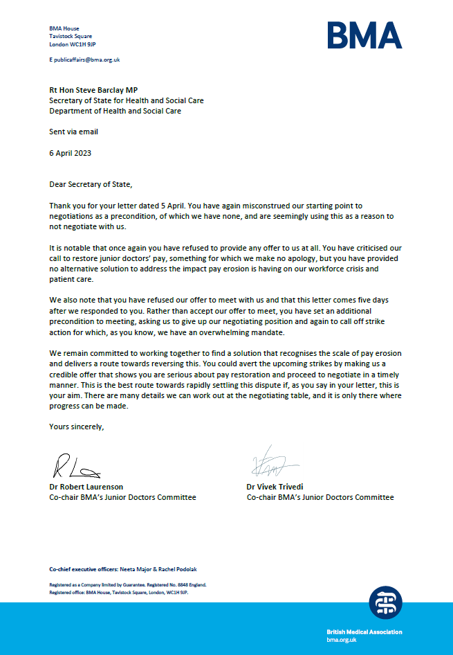 Yesterday JDC co-chairs received a letter from the health secretary – in which he introduced a pre-condition to give up our negotiating position and call off strike action. Our response below makes it clear that without any credible offer next week’s strikes will continue.