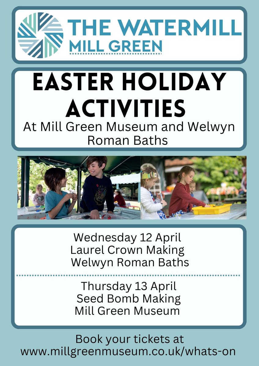 Easter Holiday Activities for all the family🐰🌼
Wednesday 12 April - Laurel Crown Making at Welwyn Roman Baths 🌿
Thursday 13 April- Seed Bomb Making at Mill Green Museum 🌸
 To book tickets: millgreenmuseum.co.uk/whats-on