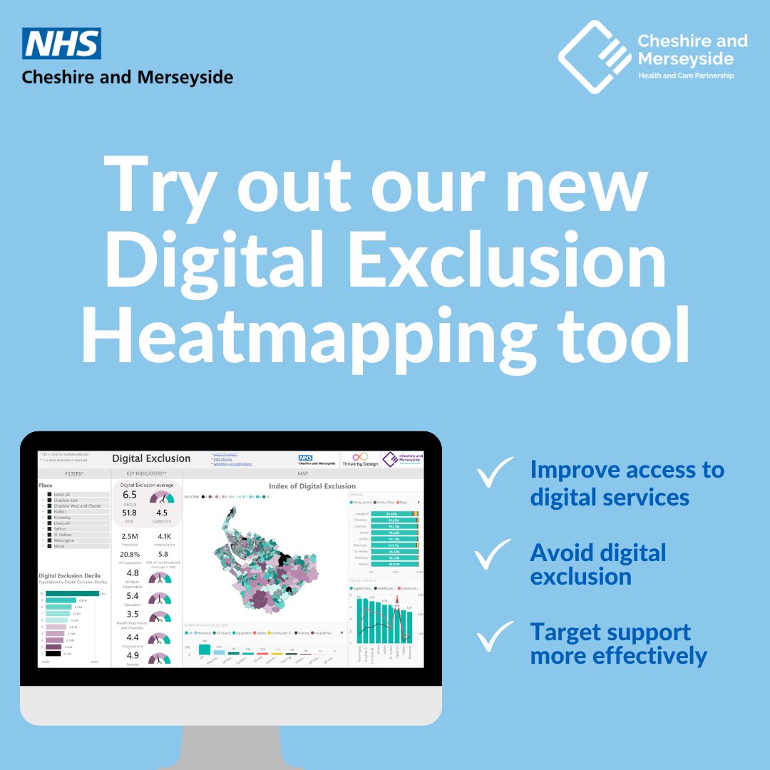 NHSCandM's tweet image. To help increase access to digital services for those who are digitally excluded, our Digital Team has launched a new heatmapping tool, which can be used by those working in health and care services across Cheshire and Merseyside ➡ bit.ly/42sDXqg 

#CMDigital
