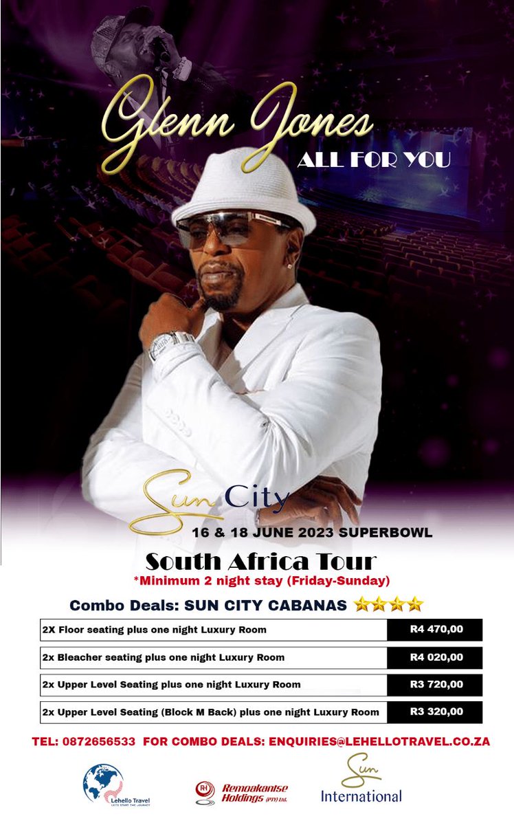 dj_skeelo's tweet photo. Accommodation Packages available 🙆🚀🚀💃💃💃🙌🇿🇦🇿🇦 #GlennJonesLiveinSouthAfrica #GlennJonesLiveinSATour https://t.co/Rv3BoiikX6