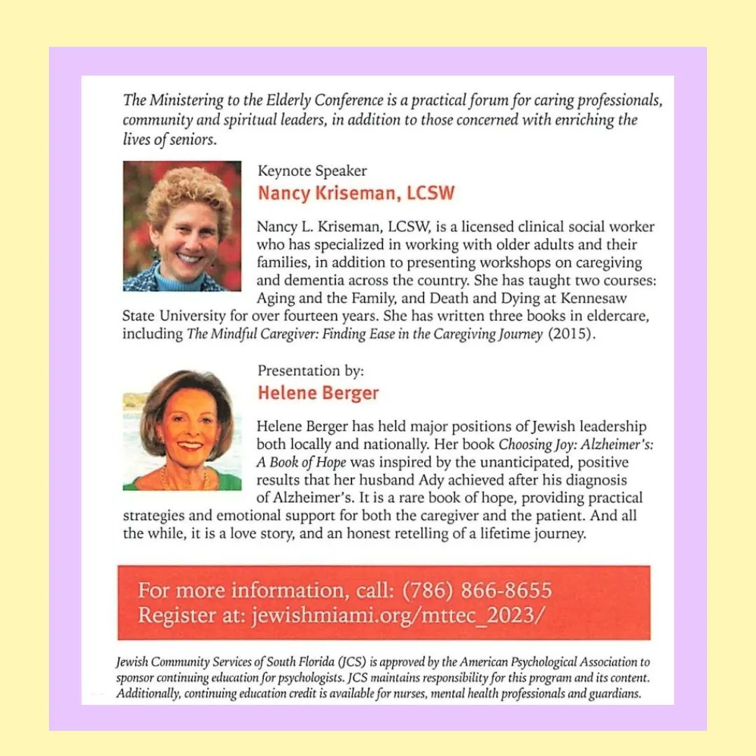 Save the Date. 

June 8th, 2023

27th Annual Ministering to the Elderly Conference 
Mindfully Navigating the Caregiving Journey: Caring for Others as We Care for Ourselves

#miamijewishhealth #jewishcommunityservices #caregiving #alzcaregiver #Alzheimers